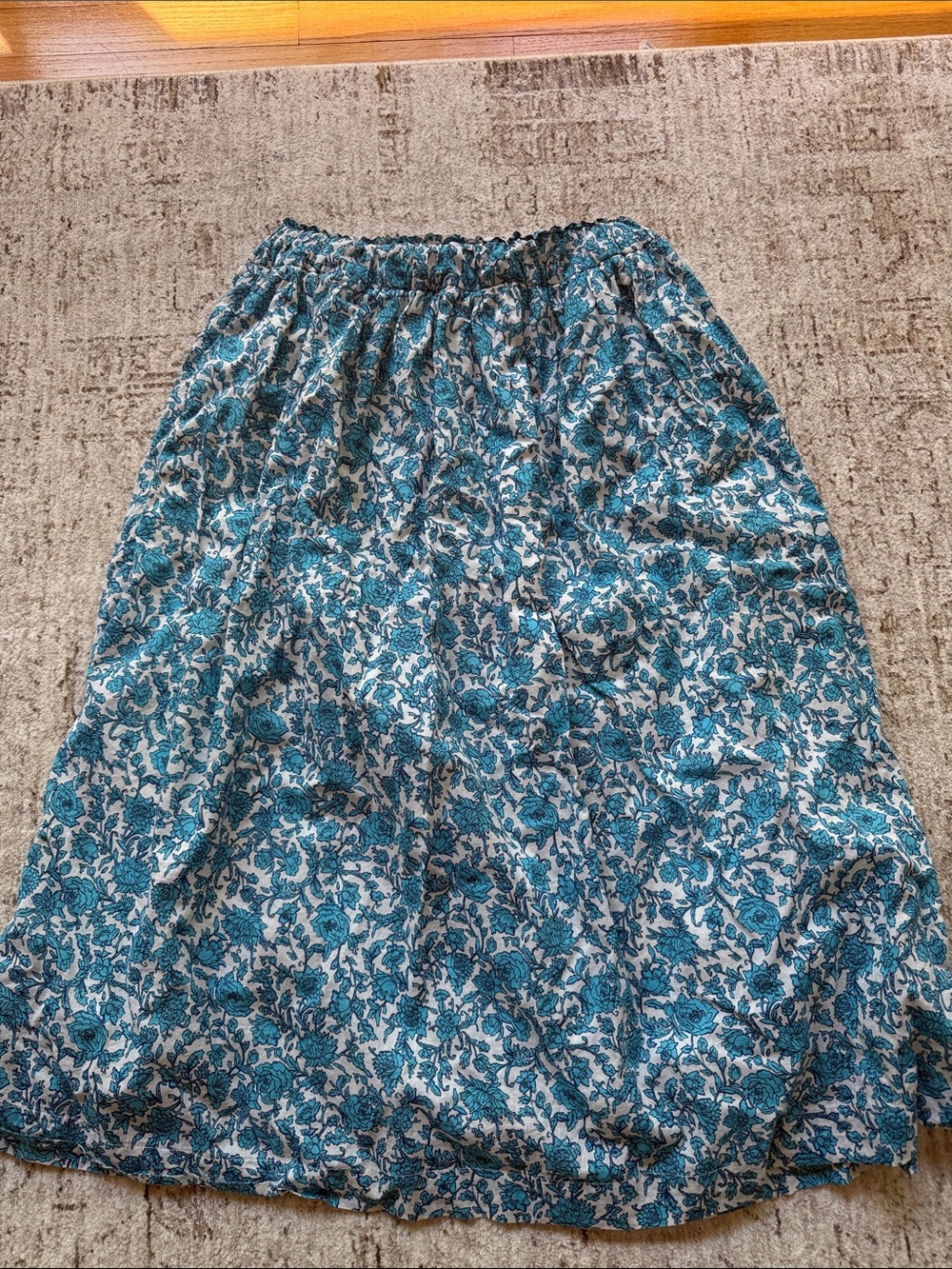 J Crew Blue Floral Midi Skirt - Lightweight, Elastic Waist